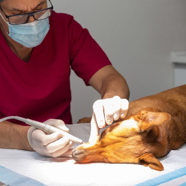 male vet performing professional teeth cleaning on dog under sedation